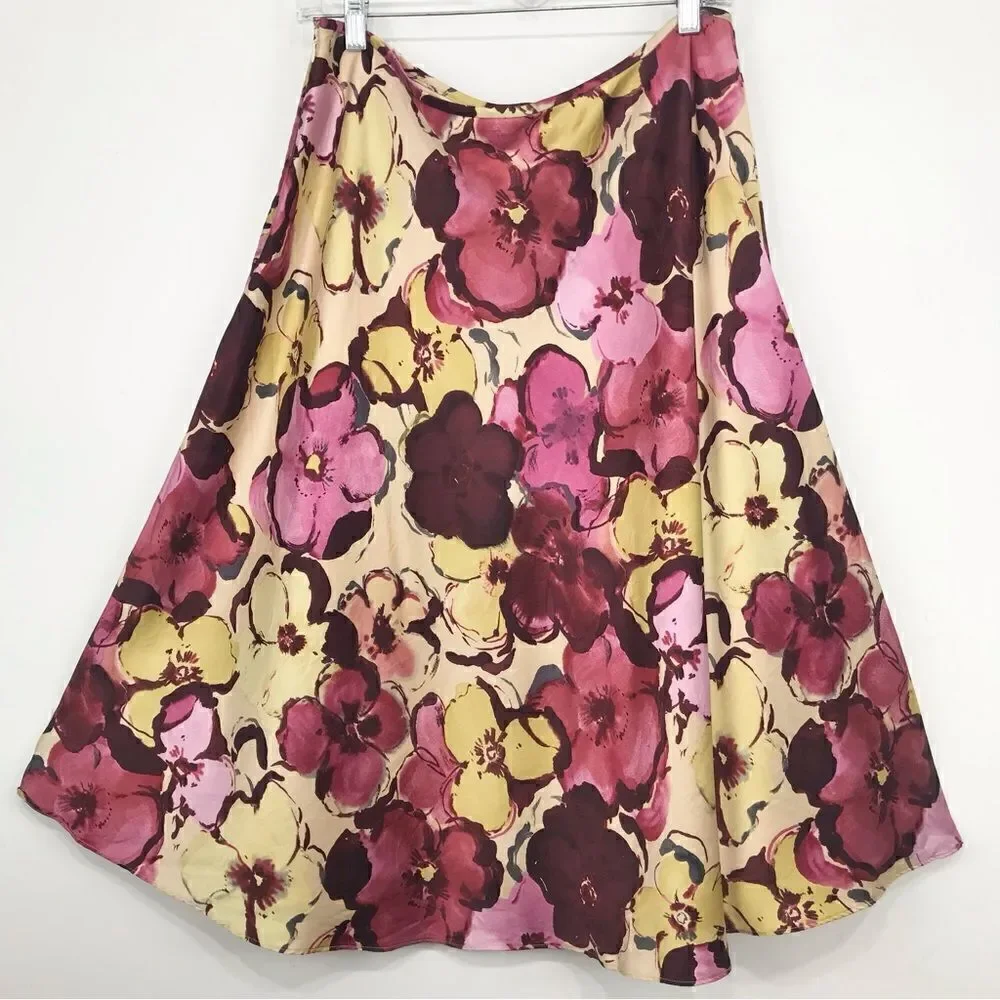 Pendleton Burgundy Cream Pink Floral 100% Silk Skirt